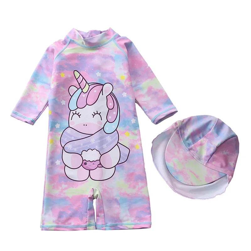 

HappyFlute New One Piece Cute Style Long Sleeve With Sun Cap Unicorn Print Children Sunscreen& Quick Drying Swimsuit