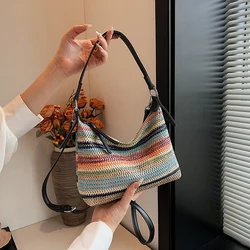 Rainbow Color Women's Crossbody Sling Purse Straw Woven Handbag Female Cross Bag New In Small Size Shoulder Bag with PU Strap