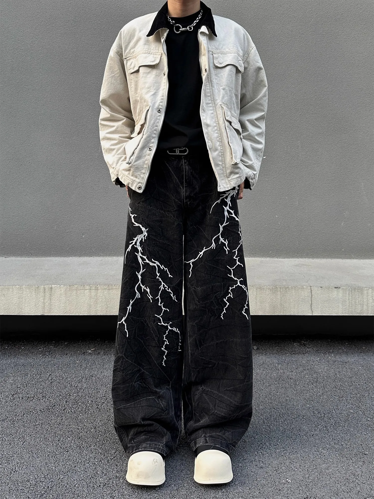 Amerikaanse retro straat geborduurde bliksem losse jeans heren dames hiphop klein ontwerp broek met rechte pijpen casual denim jeans