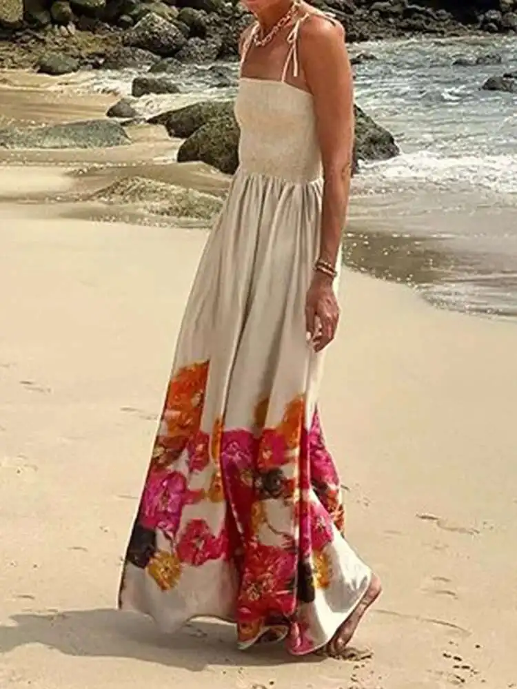 فستان حفلات أنيق بدون أكمام مطبوع عليه حزام سباغيتي للسيدات لصيف 2025، فستان ماكسي بسيط جديد بدون ظهر