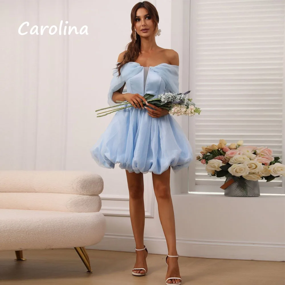 

Carolina Light Blue Off The Shoulder A-Line 2024 Slim Backless Zipper Up Back Ocassion Gown Knee-Length Formal Evening Dress