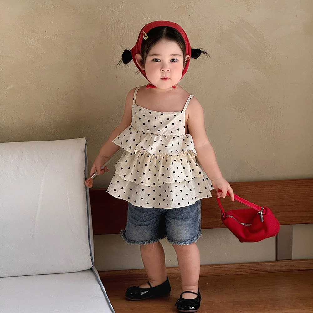 2026 New Baby Girls Summer Sweet Polka Dot Slip Dress Cute Sleeveless Spaghetti Strap Dress Casual Toddler Kids Daily Wear 1-4Y