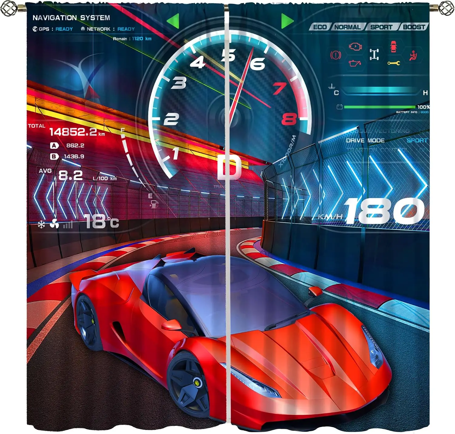 Supercar Dashboard Racing Curtain 2 Panels, Red Sport Car Speedometer Neon Track Allover Print, Curtains Boy Teen Decor Curtain