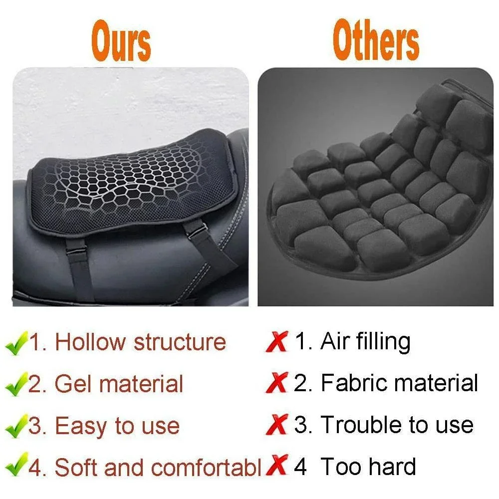 Coussin de siège de moto passager pliable, gel à haute élasticité, accent d'abeille 3D, absorption des chocs respirante, housse de siège longue conduite