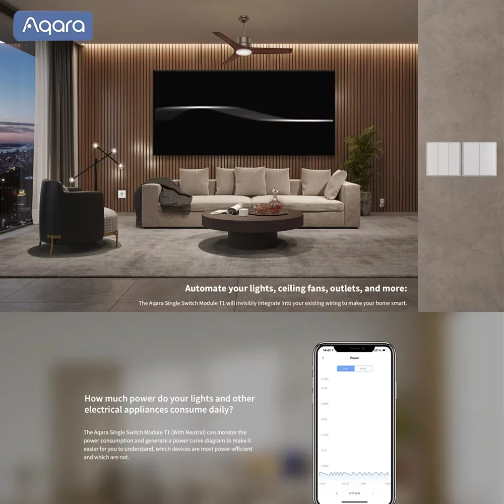 Блок управления Aqara Zigbee T1, одноканальный беспроводной модуль управления, работает с приложением Apple Homekit