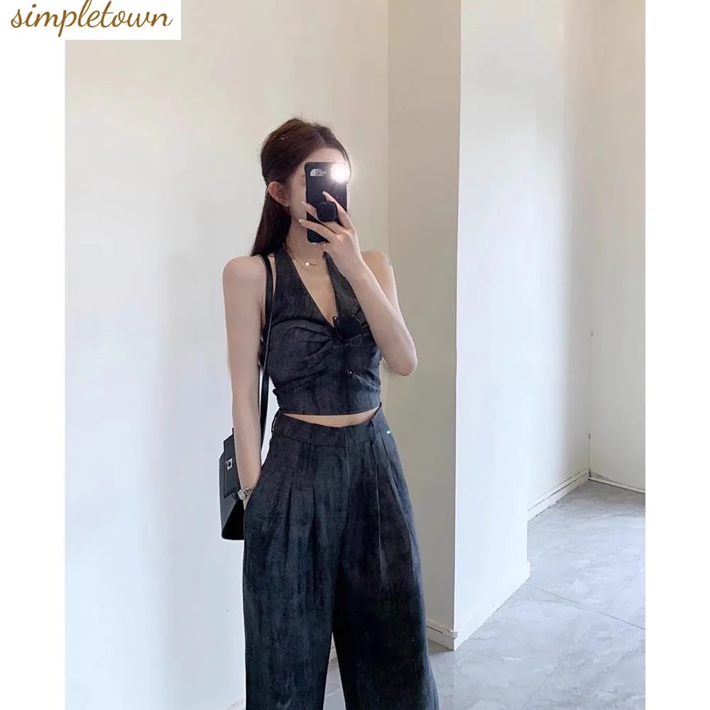 

American Sweet and Cool Neck Hanging Vest Short Top Age Reducing Sexy Loose Pants Slimming Women's High-end Matching Set