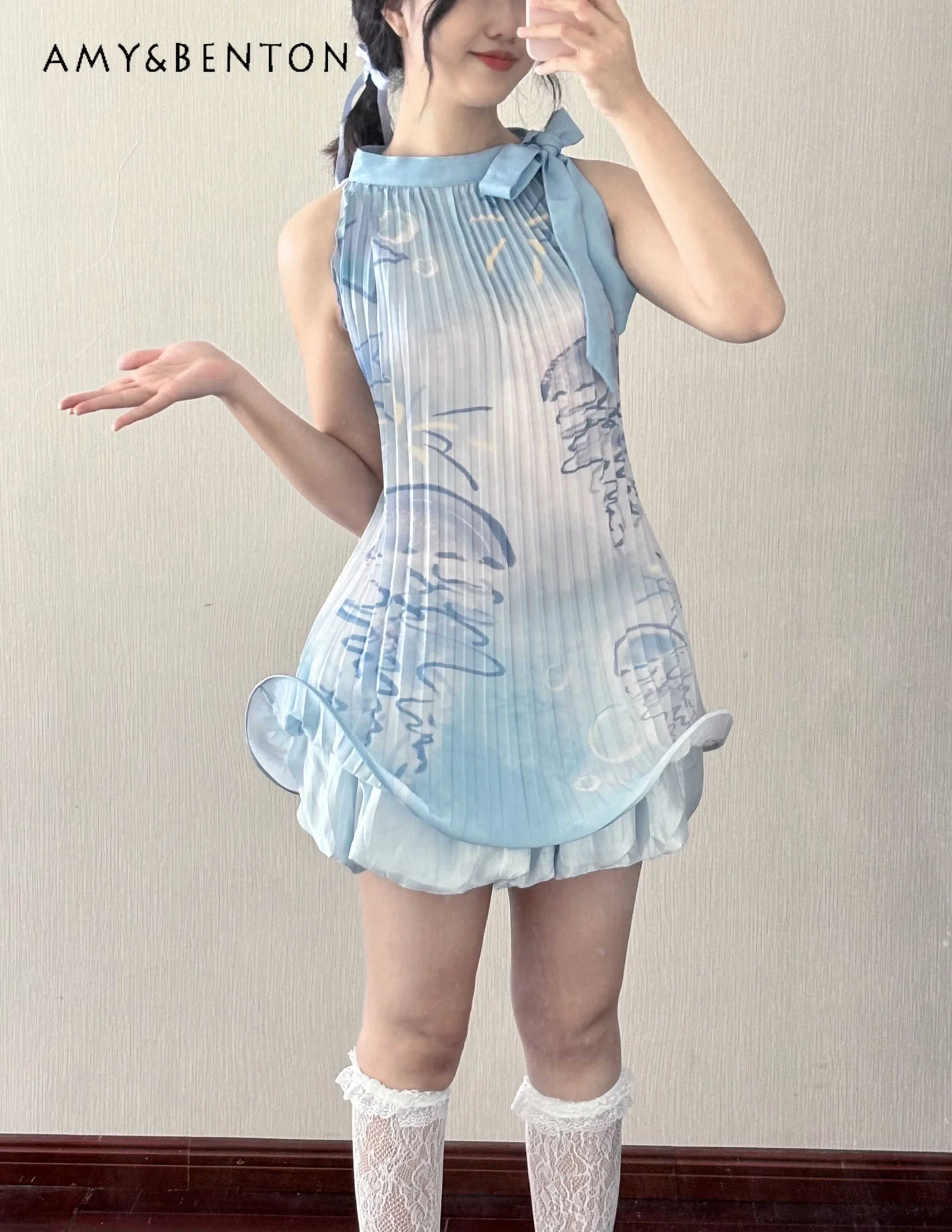 Abito sottoltura stile punk cartone animato stampato a lisca di pesce per le donne Gotico dolce ragazza cool halter onda abito in chiffon Y2K abiti tutu