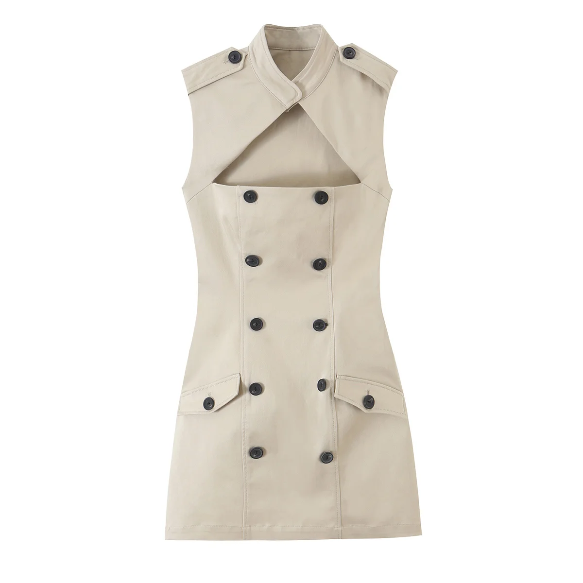 Elegantes Damenkleid, ärmellos, sexy Cut-Out, figurbetontes Mini-Kleid für Dates, schickes, doppelt getragenes Trenchcoat-Stil Damenkleid, neu. – Detail 2