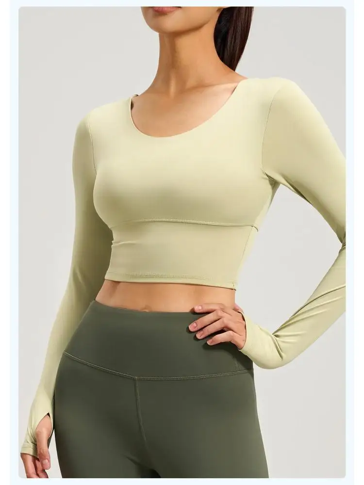 Women Long Sleeve Yoga Tops Criss-Cross Back Workout Shirts with Fixed Pads Thumb Hole Slim Fit Cropped Athletic Gym T-shirt