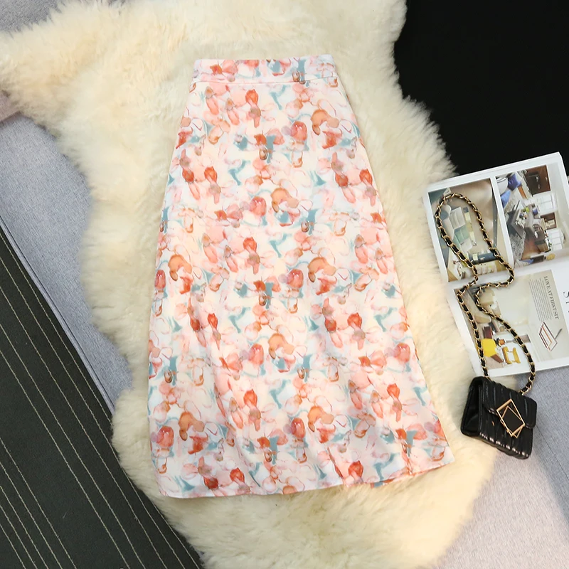 Seoulish-faldas florales de gasa para mujer, faldas de línea a de longitud media con estampado de pintura al óleo, cintura elástica, novedad de verano, 2024