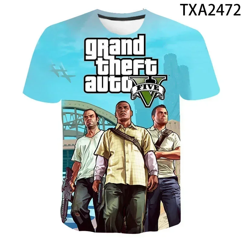 Camisetas con estampado 3D Grand Theft para hombre y mujer, camisa de manga corta con estampado automático de juego Gta 45, ropa para niños, novedad de verano