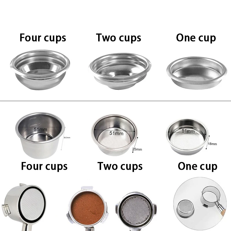 1Pcs 304 Stainless Steel Coffee Filter Basket Single 1 Cup Double 2 Cup 51/54/58mm Portafilter Single/Double/Four Person