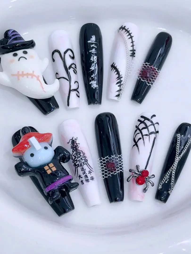 Uñas postizas 3D de la serie Halloween, 10 piezas, diseños de calabaza, Stiletto largo, hecho a mano