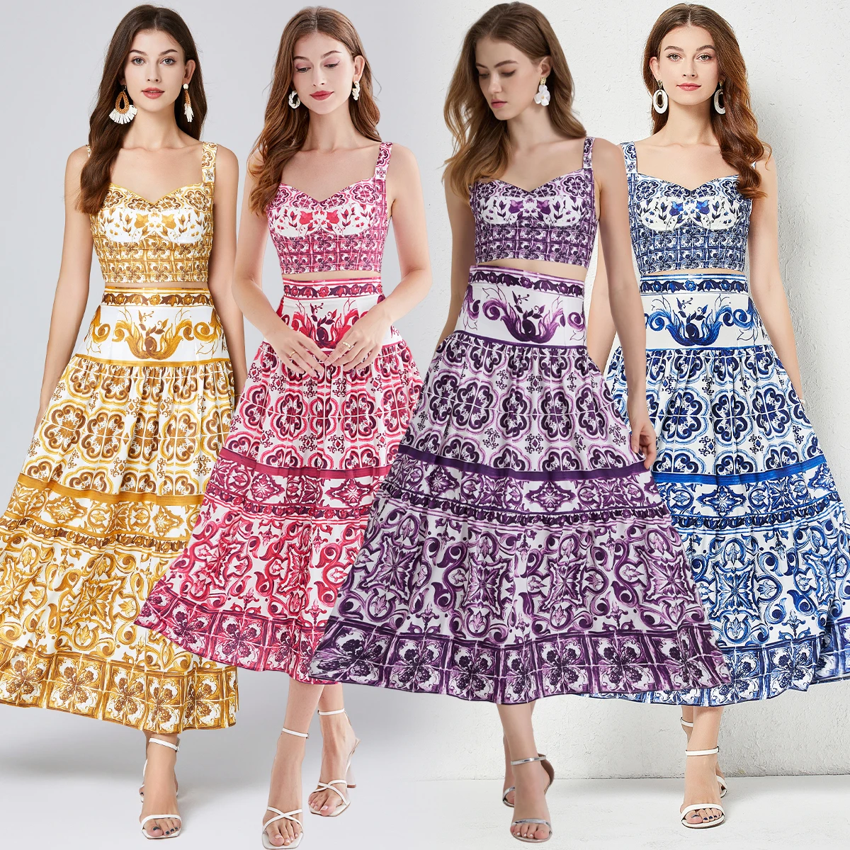Wein Summer Blue White Porcelain Print Splicing Three-dimensional Strapless Sling+half Skirt Two-piece Set with Chest Cushion