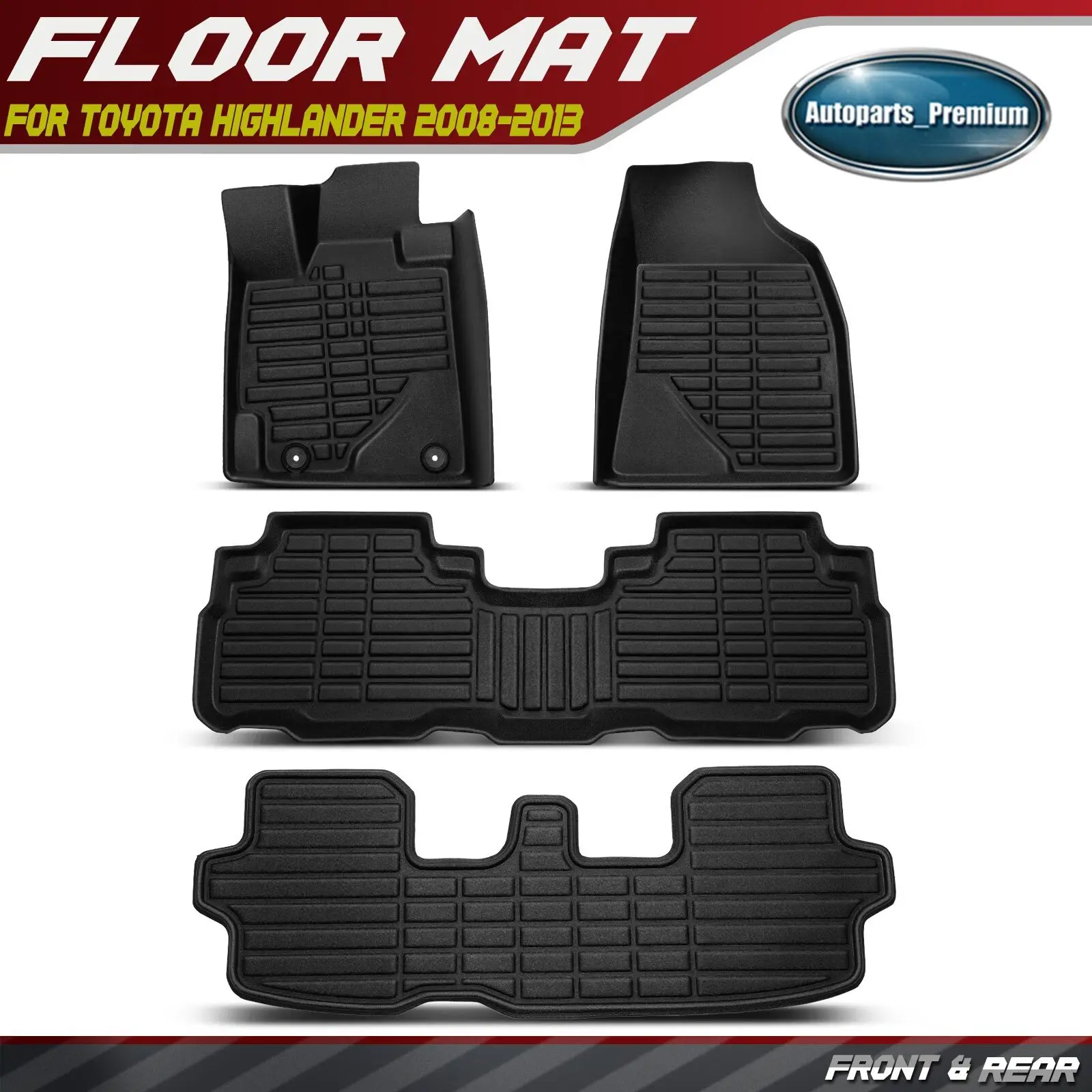 

4Pcs Front & Rear Black Floor Mats 3 Row Liners for Toyota Highlander 2008-2013