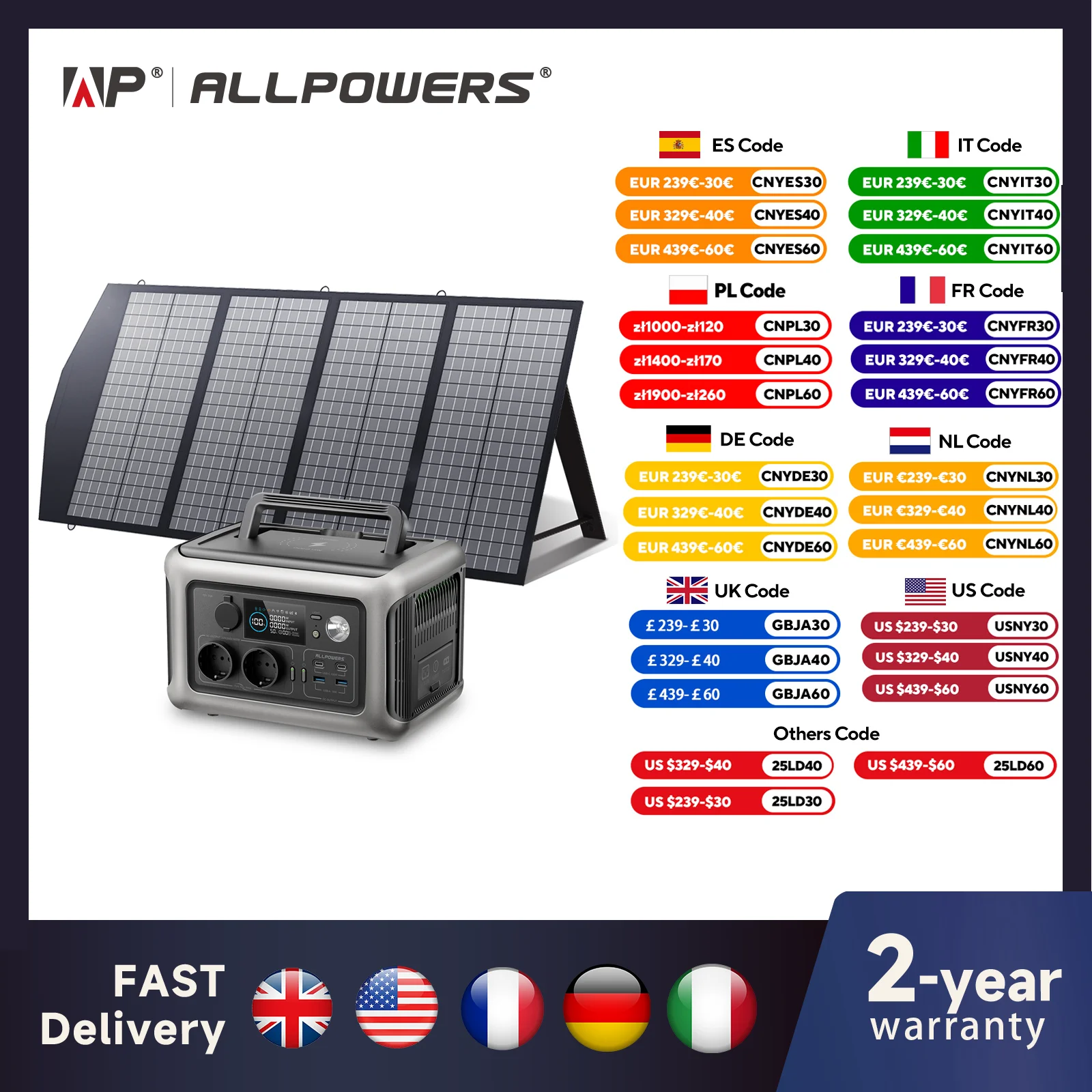 ALLPOWERS R600 Powerstation Lifepo4 Battery 299Wh 600W Solar Generator (Recharge from 0-100% in 1 Hour) With 200W Solarpanel