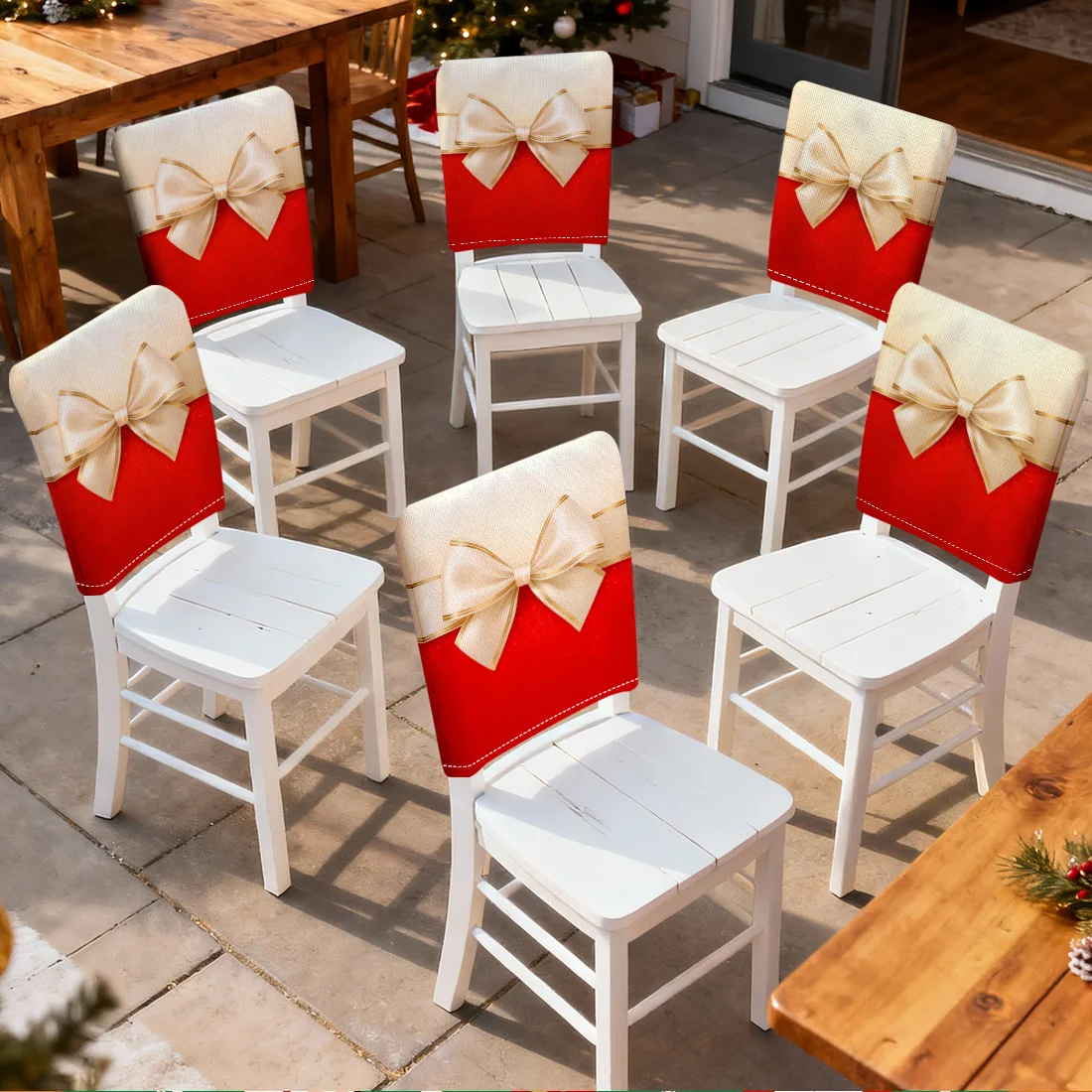 Christmas Bow Decoration Chair Cover Slipcovers Set of 2/4/6 100% Polyester Dining Room Office Banquet Chair Protective Cover