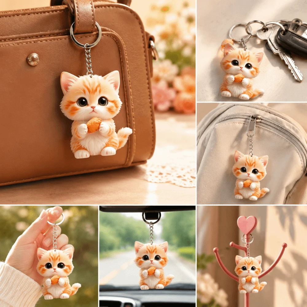 Bag Charm 2D Flat Cat Keychain Cute Cartoon Mini Kitten Hanging Ornaments Acrylic Decoration Key Ring Daily Carry