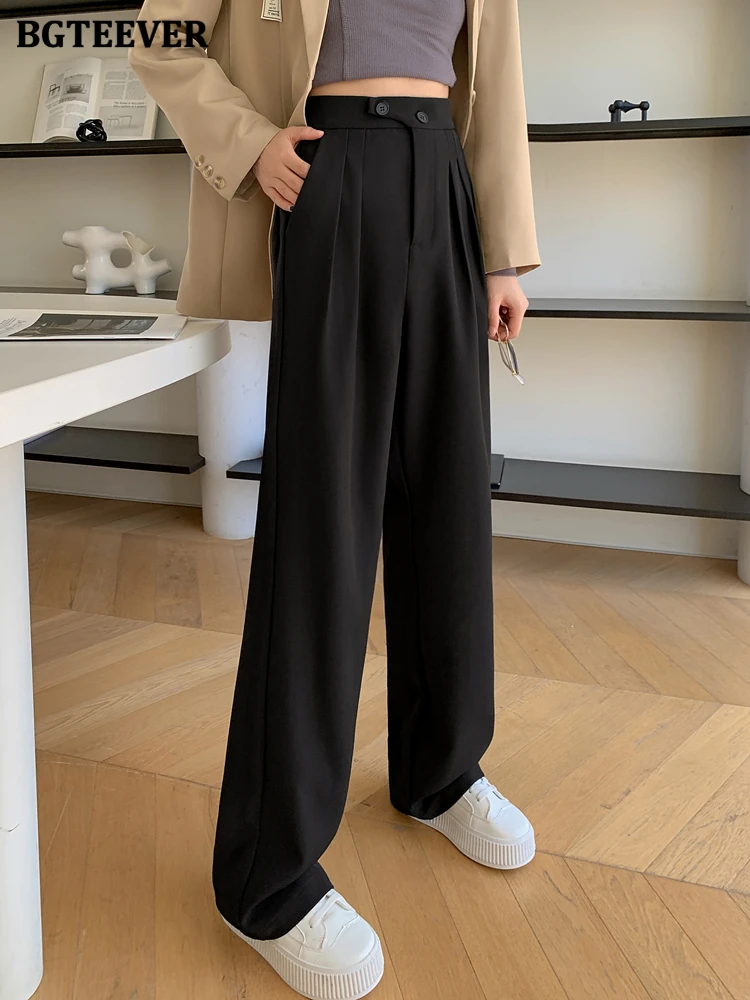 BGTEEVER Elegant High Waist Loose Pockets Female Wide Leg Suit Pants Spring Summer Stylish Solid Straight Trousers Women