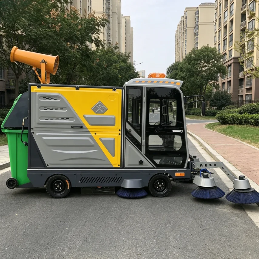 Balayeuse routière électrique à quatre roues motrices de type cabine, véhicule de nettoyage de grande envergure pour les communautés et les propriétés