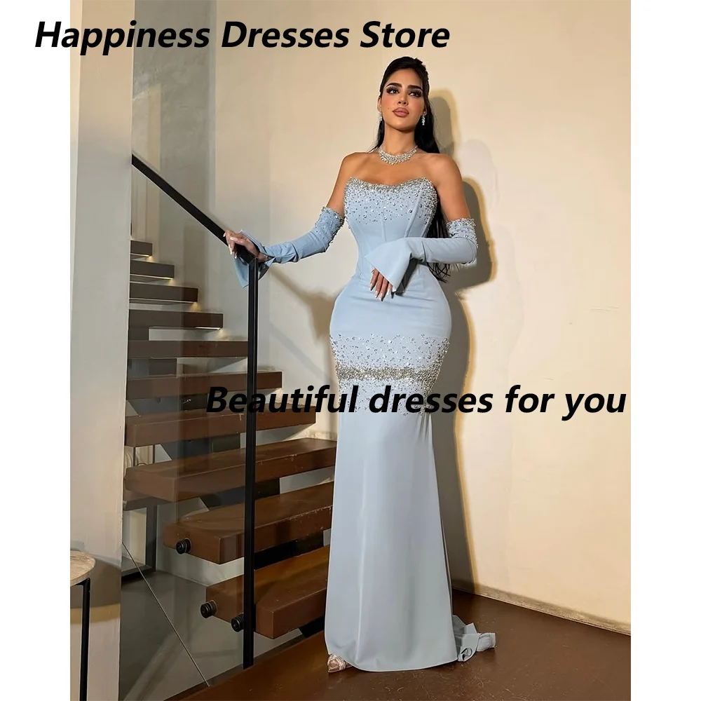 

Exquisite Evening Dresses for Women Light Blue Mermaid Formal Party Gowns Beading Crystal Strapless Evening Dress Customized