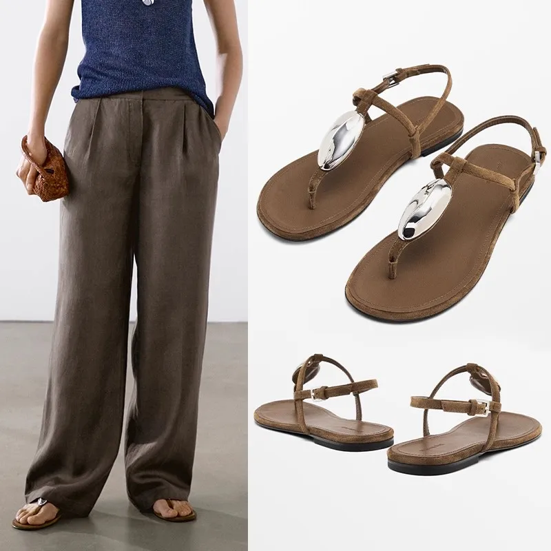 

French Vacation Sandals For Women Genuine Leather Flat With Buckle&Bling Versatile Comfortable Minimalist Good Summer Beach Shoe