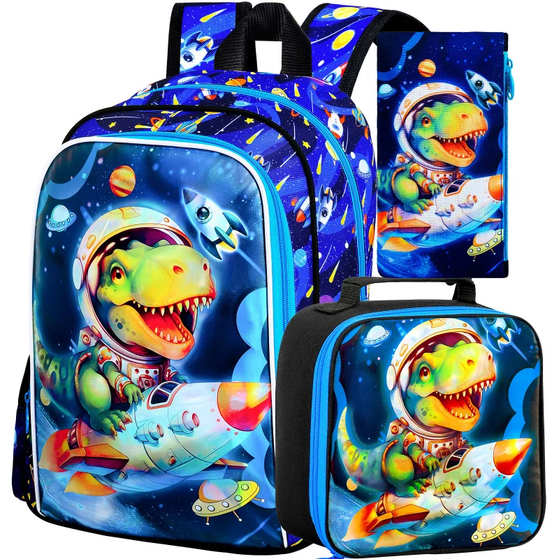 

3PCS Dinosaur Backpack, Kids Space Bookbag with Lunch Box for Boys, 16" Preschool Backpacks for Elementary - Rocket Dinosaur