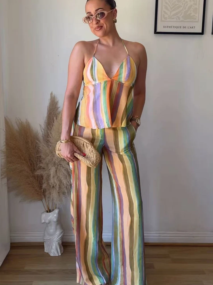 TFMLN Women Chic Colorful Striped Pants Suit Lace-up Halter Holiday Tops Casual Straight Trousers 2026 Summer Trendy Set image 2