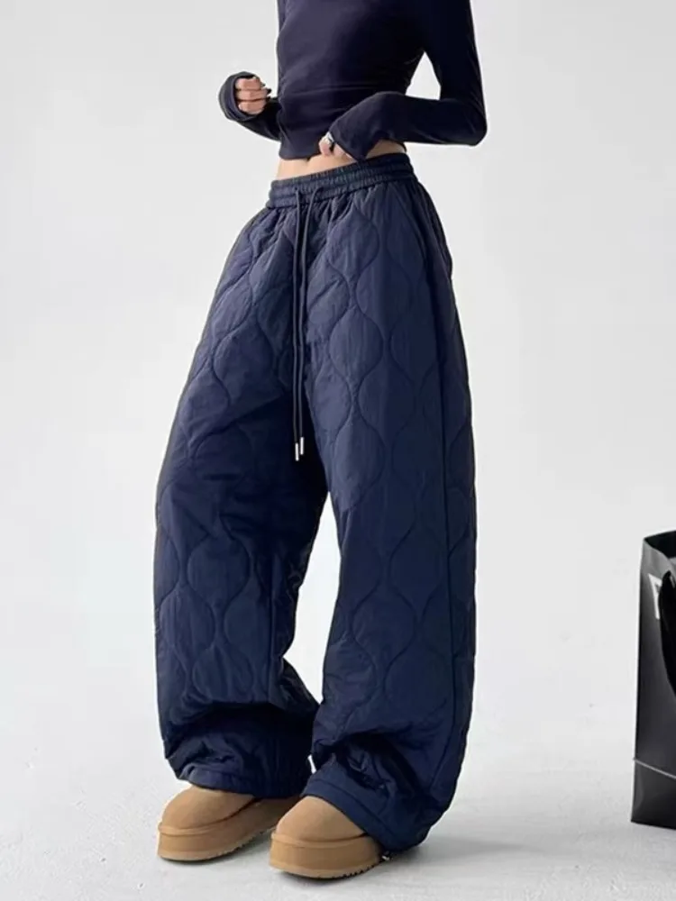 

American Retro Thiened Casual Wide Leg Pants Women's Winter High Waist Warmth Cotton Pants Outerwear Thiened Cotton Trousers