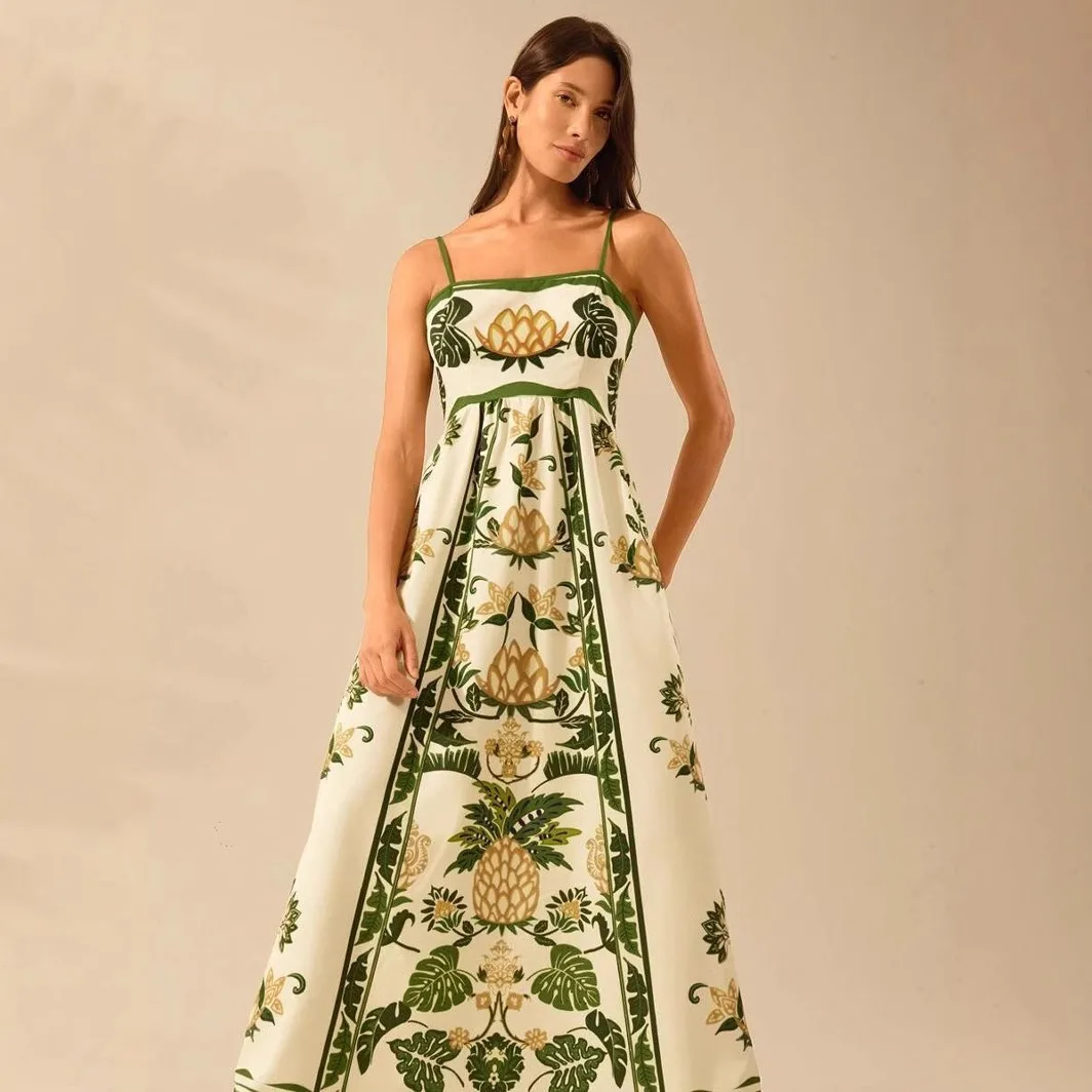 DYKR 2025 ฤดูร้อนชุดขายส่งสําหรับผู้หญิง Bohemian Tropical Tree Sunshine ดอกไม้พิมพ์ Ruffle Casual Beach ชุดวันหยุด