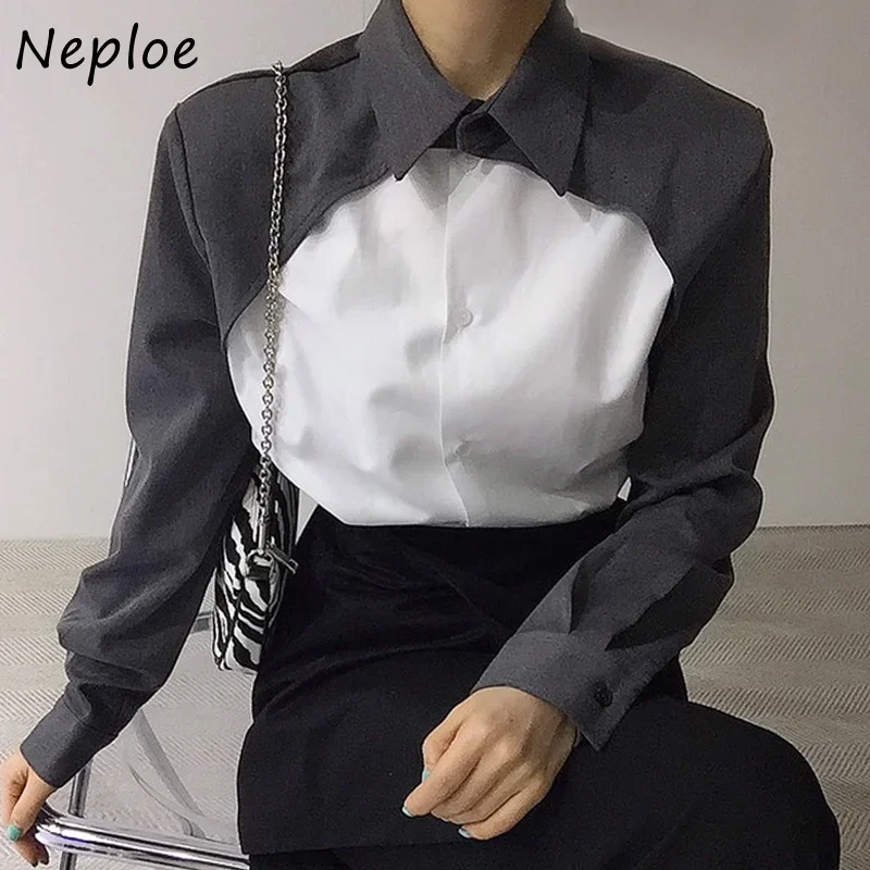 Neploe Temperament Personality Long Sleeved Shirt Woman Contrast Color Patchwork Blouse Female Versatile Single-breasted Shirts