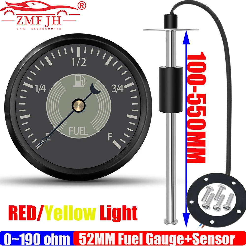 ZMFJH 0-190ohm Fuel Level Sensor+52MM Fuel Level Gauge Red Yellow Light Retro Stying Pointer Oil Tank Meter for Car Boat Yacht