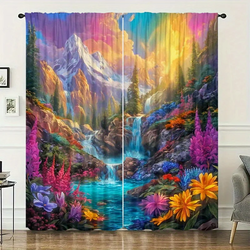 Forest waterfall floral curtains, pole-mounted installation. Suitable for living rooms, bedrooms, dining rooms and hotels.