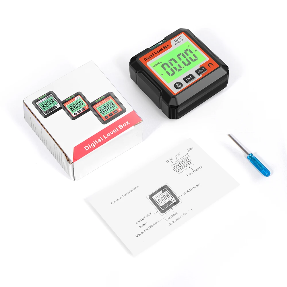 Elektronischer Winkelmesser, digitaler Neigungsmesser, 0–360, digitale Schrägbox, IP65, wasserdicht, Winkelmesser, Magnete, Basis, Messwerkzeug