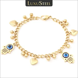 LUXUSTEEL Blue Evil Eye Hamsa Hand Bracelet for Women Golden Stainless Steel Heart Balls Charm Link Wristband Party Jewelry