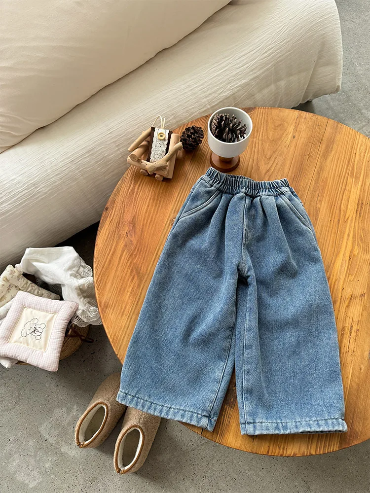 

Children's Fleece Pants 2024 Winter Baby Girls Jeans Solid Thick Warm Denim Trousers Kids Clothes Girls Loose Jeans