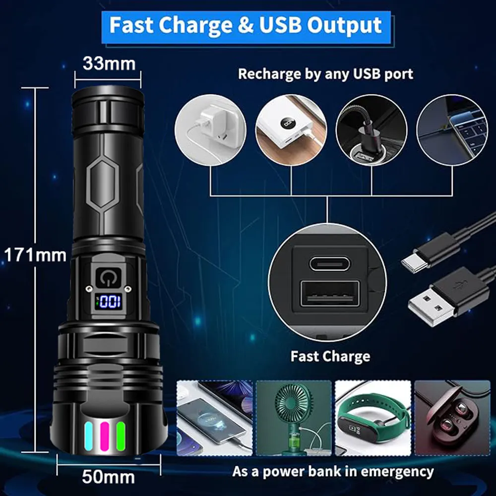 900000LM Rechargeable Flashlight Super Bright Flash Lights Battery Powered Handheld Tactical Flashlights for Emergencies Camping