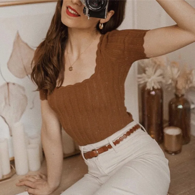 

7560, летний французский топ с квадратным вырезом и полой талией, высокая пряжа, недеформируемый топ с короткими рукавами для женщин