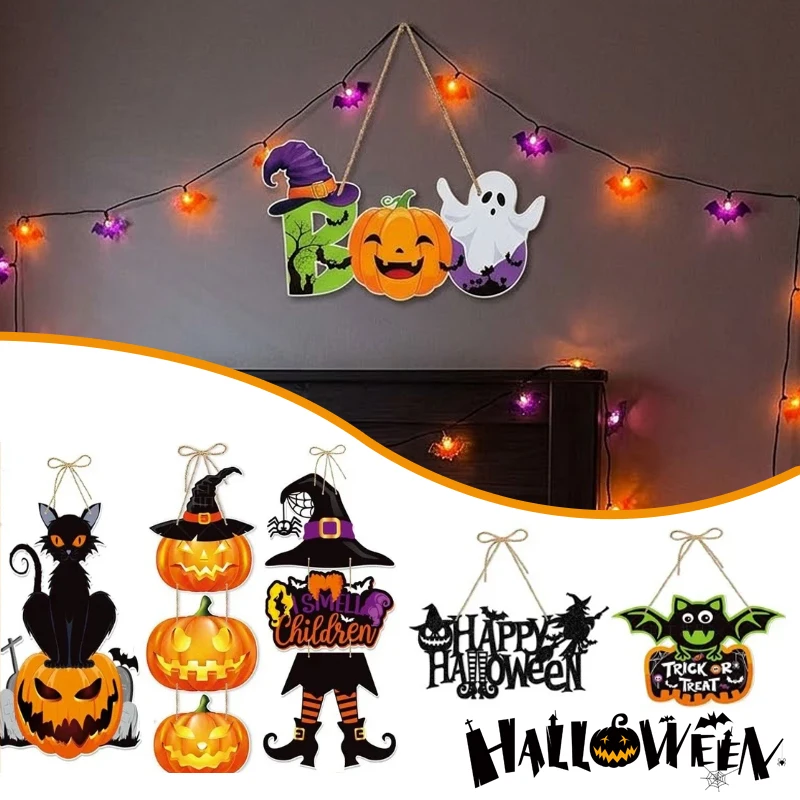 Halloween Door Hanging Sign Pumpkin Bat Ghost Witch Skeleton Front Door Wall Decor Trick Or Treat Party Hanging Ornament
