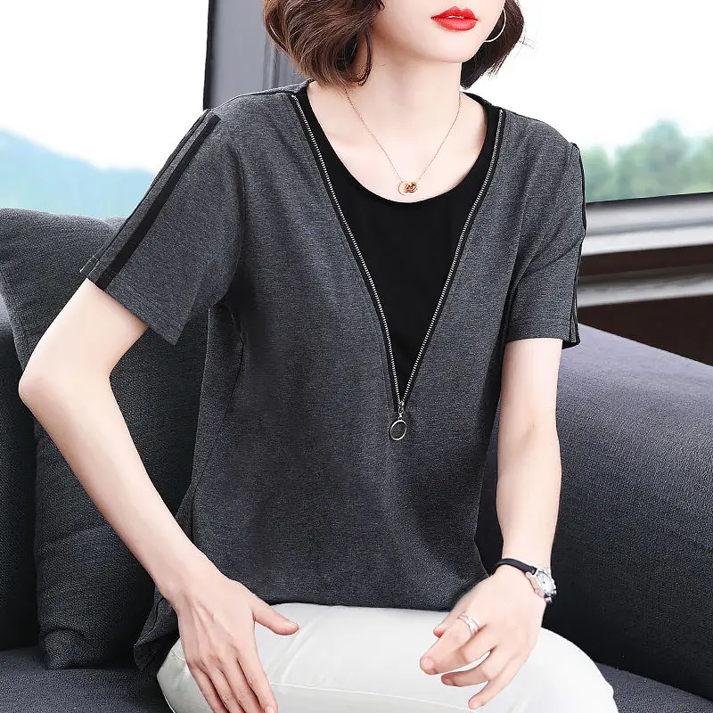 Fake Two Pieces Short Sleeve T-shirt Fashion Patchwork Zipper Women\'s Clothing Casual Round Neck 2024 Summer All-match Pullovers