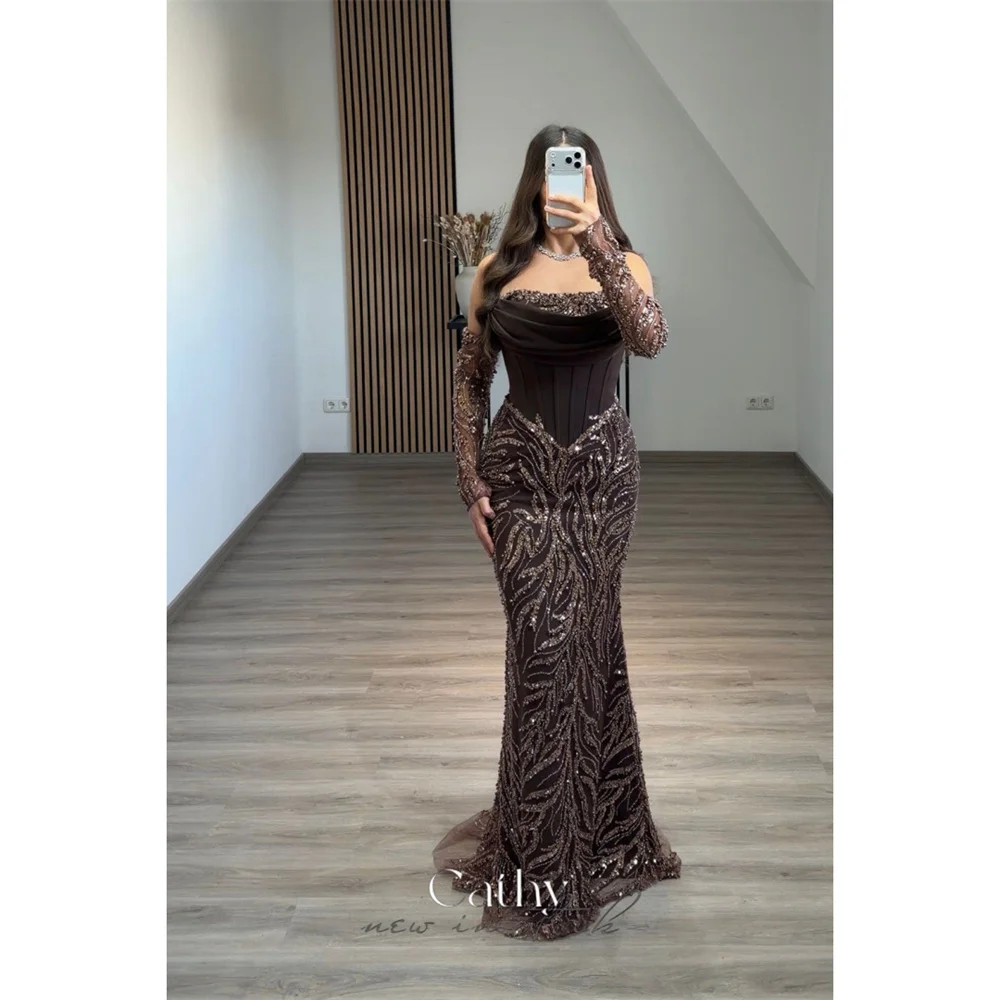 

Cathy Коричневое блестящее кружевное платье русалки для выпускного вечера с длинными рукавами длиной до пола, платья de noiva, элегантные вечерние платья на молнии сзади