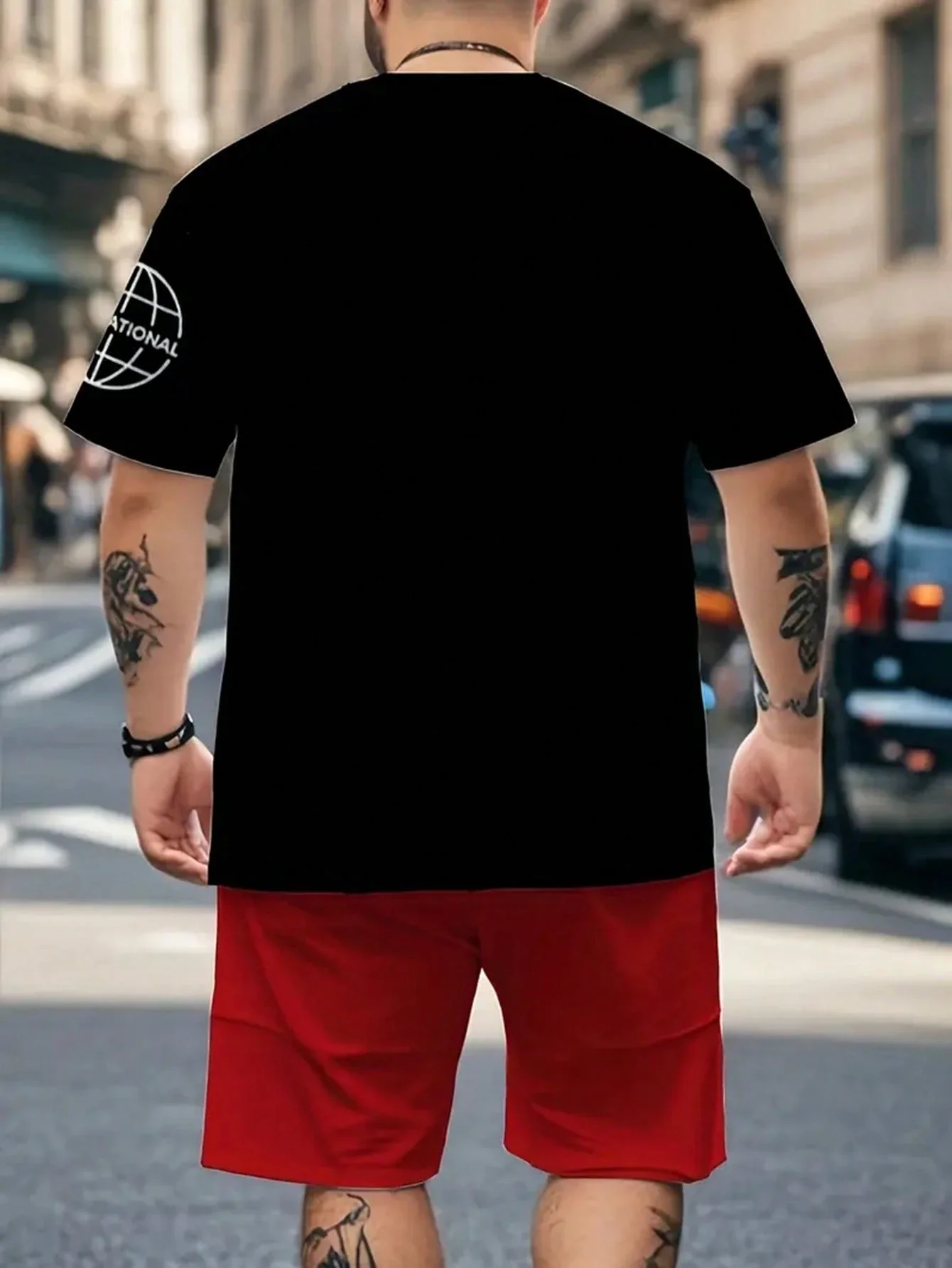 Conjunto Deportivo de 2 Piezas para Hombre, Talla Grande, Camiseta Negra y Pantalones Cortos Rojos con Estampado Digital