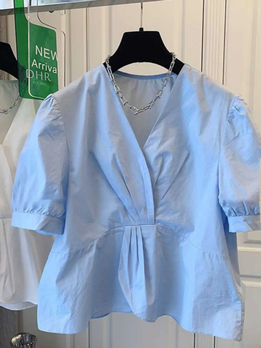 

Summer New Sle Women's Chiffon irt V-Ne Pleated Bubble Sve ort Sve Korean Design Sensation Small ence Top