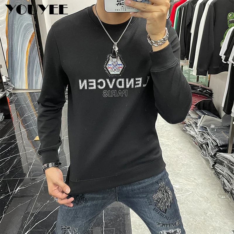 Men\'s Slim Hoodies Rabbit Print Hot Diamond Male Sweatershirts Casual Round Neck White Pullover Autumn Winter New Man Clothing