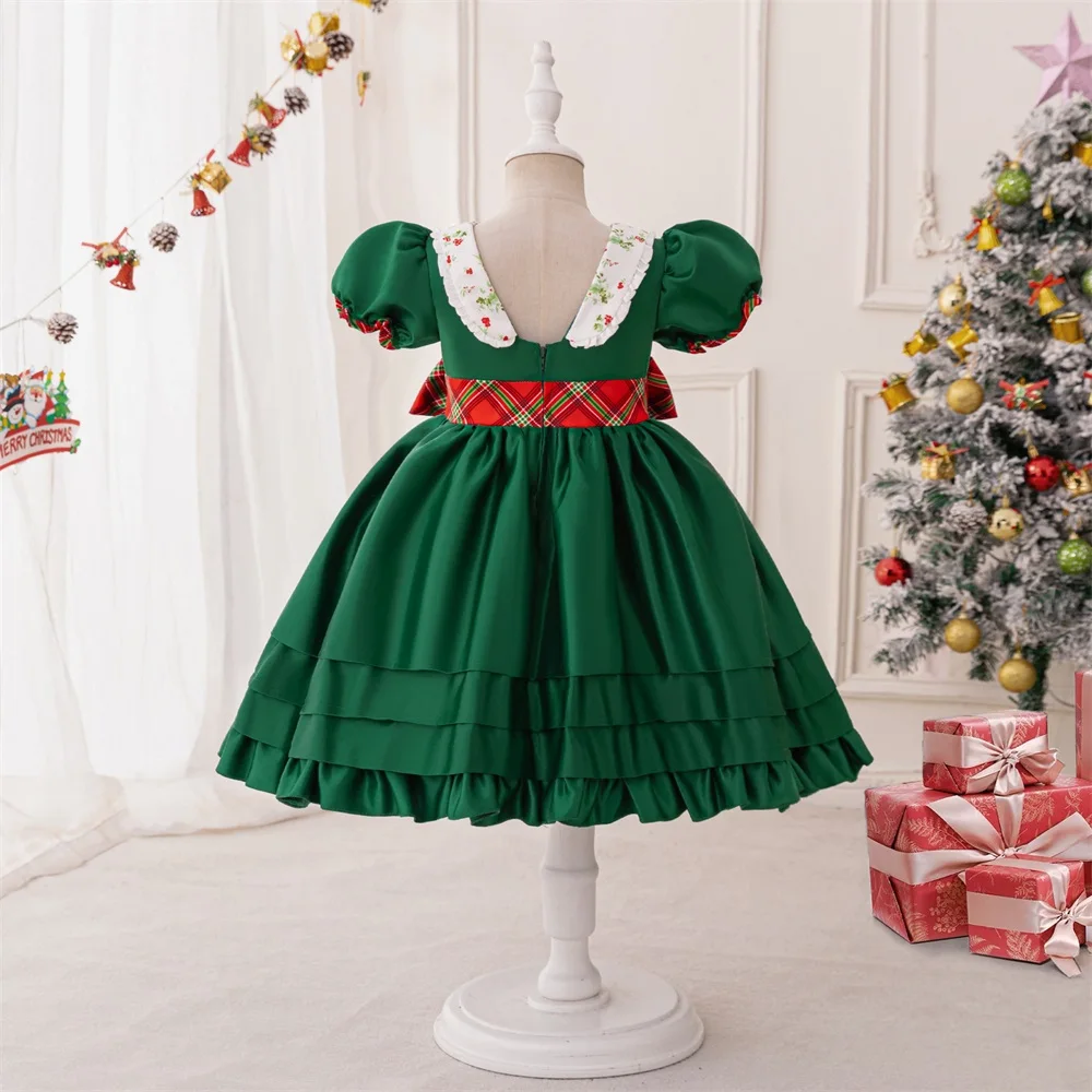 Girls Big Bow Christmas Carnival Party Dress Kids Vintage Green Santa Claus Gift For Girl Young Red Lattice Princess New Gown