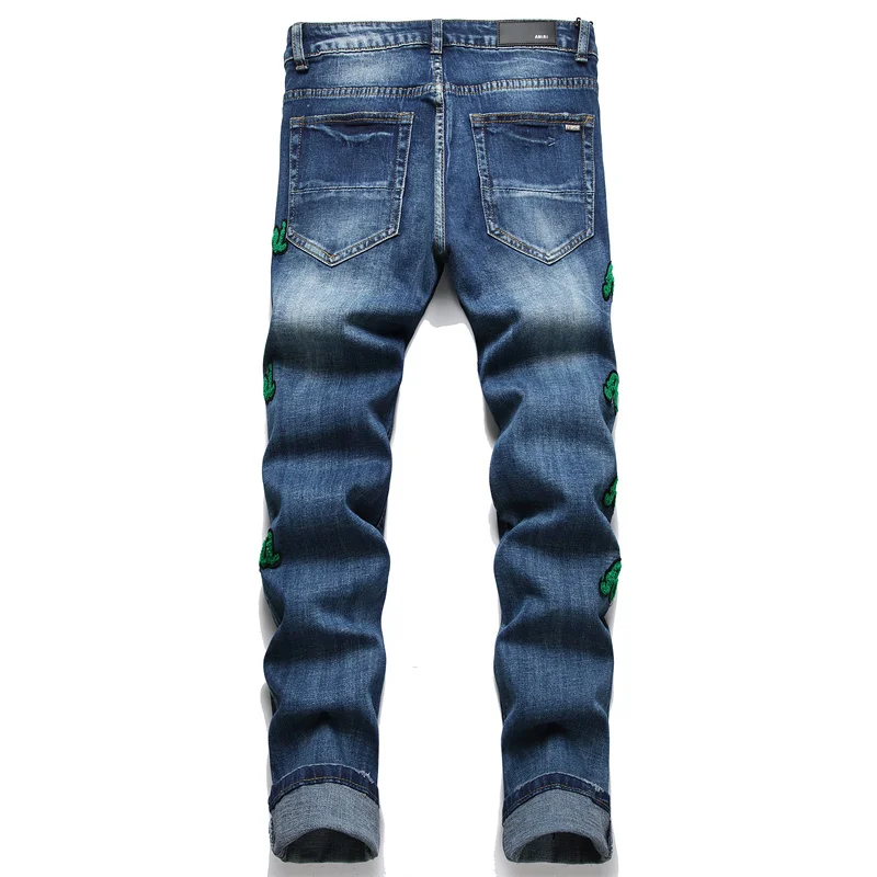 Men's Green English Embroidered Jeans High-end Fashion Personalized Hip Hop Blue Men's Small Straight Trousers 2024 NEW