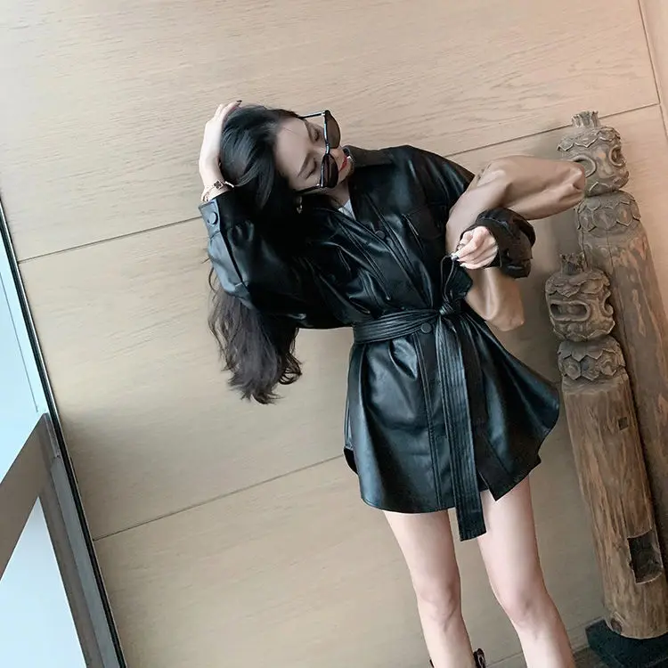 

Women's Burgundy PU Leather Jacket Long British Style Motorcycle Coat Korean Loose Fit Trench