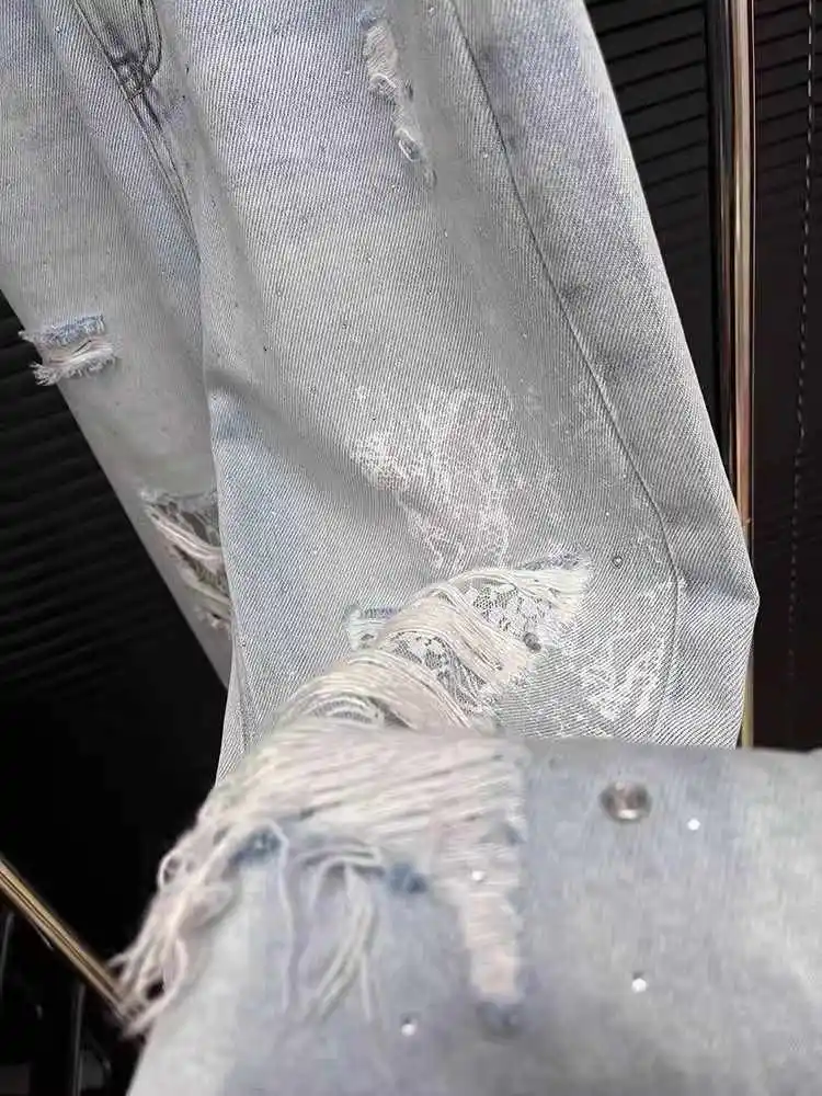 الصيف الدانتيل المرقعة ممزق الجينز للنساء خمر عالية الخصر فضفاض مستقيم الساق السراويل شيك عادية جيب واسعة الساق بنطلون