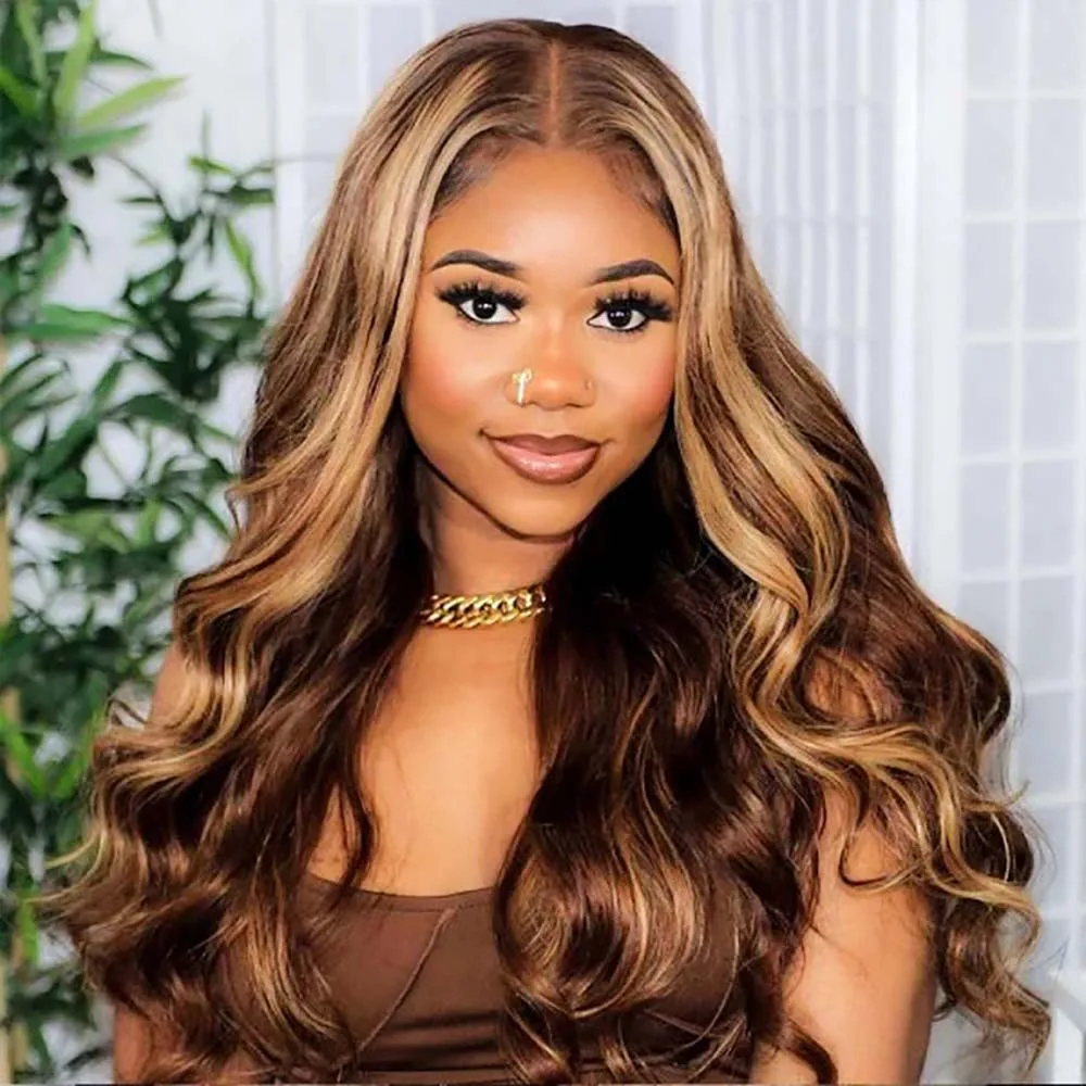 

4/27 Highlight 13x4 Body Wave Lace Frontal Human Hair Wigs Brazilian Remy Blonde Brown Piano Color 13x6 Lace Front Wig Wavy Hair