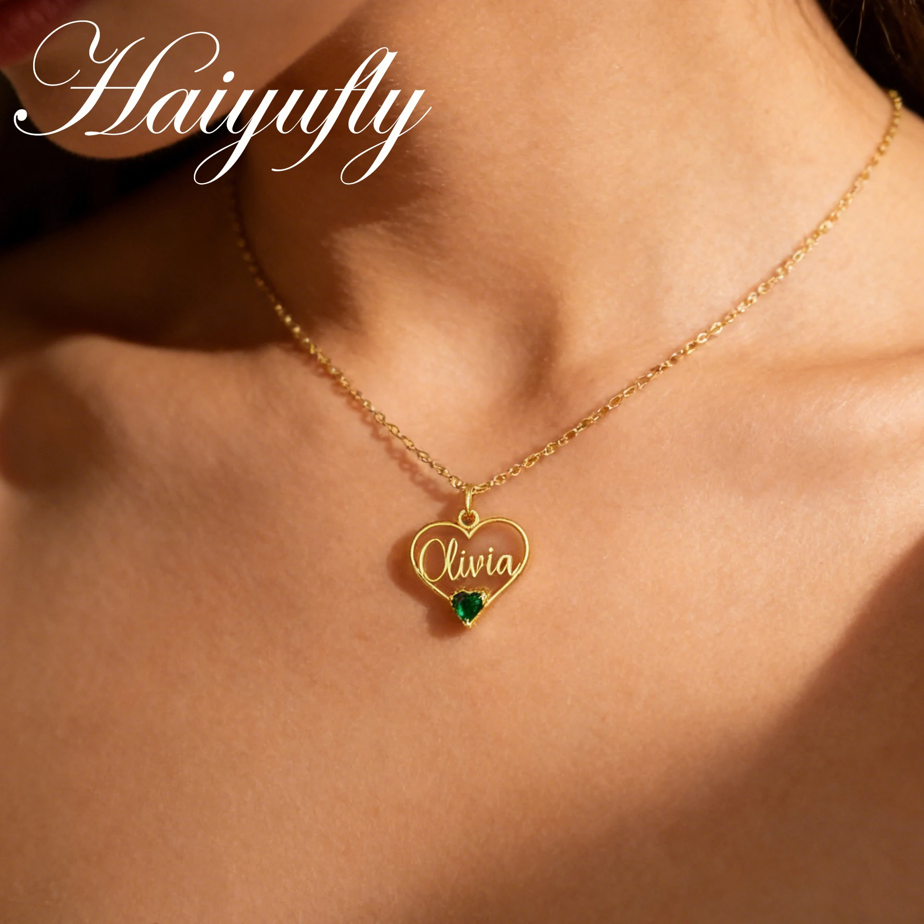 

Haiyufly Custom Name Necklace for Women with Heart Birthstone Stainless Steel Jewelry Choker Chains Personalized Birthday Gift